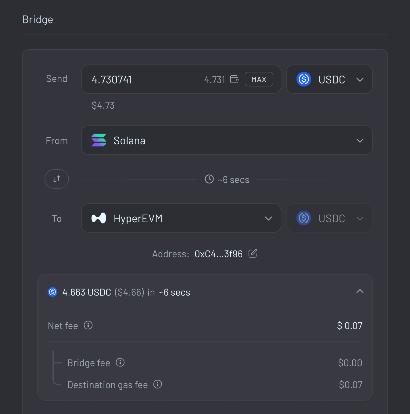 How to bridge to HyperEVM (Step 6) Review fees and timing details.